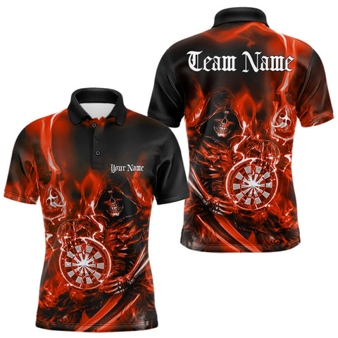 Maxcorners Custom Black And Red Flame Grim Reaper Dart Team Men Polo Shirts, Halloween Dart Otufit LM1610