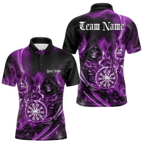 Maxcorners Custom Black And Purple Flame Grim Reaper Dart Team Men Polo Shirt, Halloween Dart Otufit LM1610