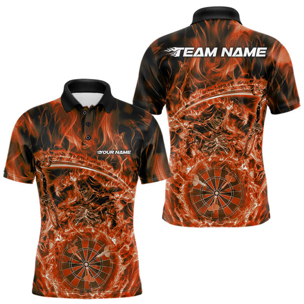 Maxcorners Custom Black And Orange Flame Grim Reaper Dart Team Men Polo Shirts, Halloween Otufit LM1610