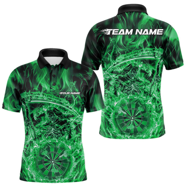 Maxcorners Custom Black And Green Flame Grim Reaper Dart Team Men Polo Shirts, Halloween Otufit LM1610