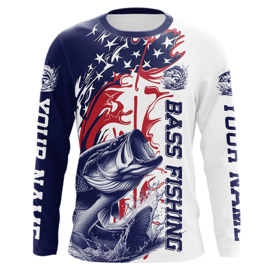 Maxcorners Custom Patriotic Largemouth Bass Long Sleeve Fishing Shirts, Red White And Blue Fishing Shirt
 LM0201