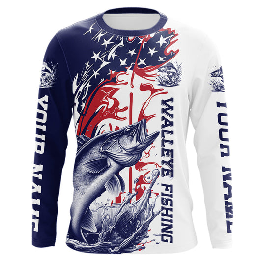 Maxcorners Custom Patriotic Walleye Long Sleeve Fishing Shirts, Red White And Blue Fishing Shirt
 LM0201