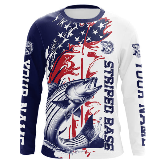 Maxcorners Custom Patriotic Striped Bass Long Sleeve Fishing Shirts, Red White And Blue Fishing Shirt
 LM0201