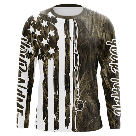 Maxcorners Custom US Fishing Rod Grass Camo Patriotic Long Sleeve Fishing Shirts 
 LM0201