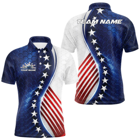 Maxcorners Custom Patriotic Bowling Shirt, Red White And Blue Hexagon American Flag Men Polo Shirt