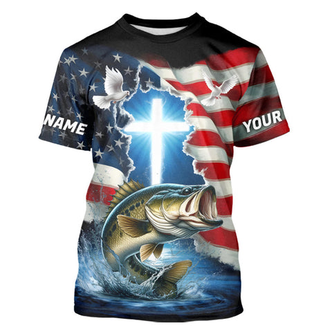 Maxcorners Custom Faith Largemouth Bass Patriotic Fishing T-Shirts, US Fishing Jerseys MT2108