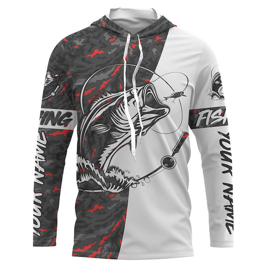 Maxcorners Personalized Bass Fishing Jerseys, Largemouth Bass Tournament Fishing Shirts | Red And Black Camo LM0201