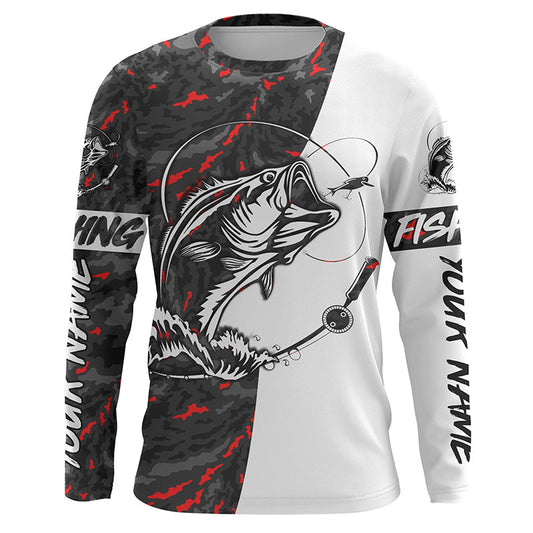 Maxcorners Personalized Bass Fishing Jerseys, Largemouth Bass Tournament Fishing Shirts | Red And Black Camo LM0201