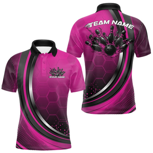 Maxcorners Custom Pink Flame Bowling Jerseys, Bowling Team Men Polo Shirt Bowlers Outfit LM1904