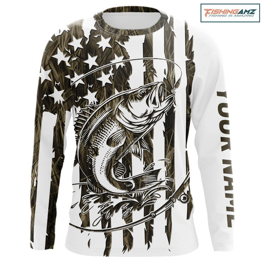 Maxcorners Custom Patrotic Largemouth Bass Long Sleeve Camo Fishing Shirts, Bass US Fishing Shirt
 LM0201