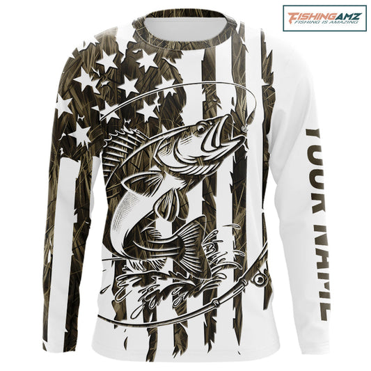 Maxcorners Custom Patrotic Walleye Long Sleeve Camo Fishing Shirts, Walleye US Fishing Shirt
 LM0201