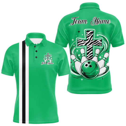 Maxcorners Green Custom Multi Color Zebra Animal Print Pattern Faith Cross Bowling League Shirt For Men, Women And Kid, Bowling Jerseys