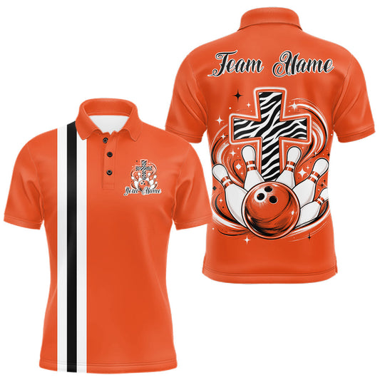 Maxcorners Orange Custom Multi Color Zebra Animal Print Pattern Faith Cross Bowling League Shirt For Men, Women And Kid, Bowling Jerseys