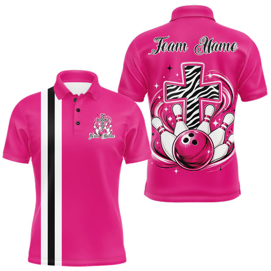 Maxcorners Pink Custom Multi Color Zebra Animal Print Pattern Faith Cross Bowling League Shirt For Men, Women And Kid, Bowling Jerseys