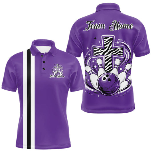 Maxcorners Purple Custom Multi Color Zebra Animal Print Pattern Faith Cross Bowling League Shirt For Men, Women And Kid, Bowling Jerseys