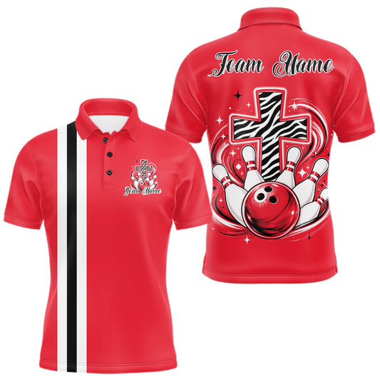 Maxcorners Red Custom Multi Color Zebra Animal Print Pattern Faith Cross Bowling League Shirt For Men, Women And Kid, Bowling Jerseys