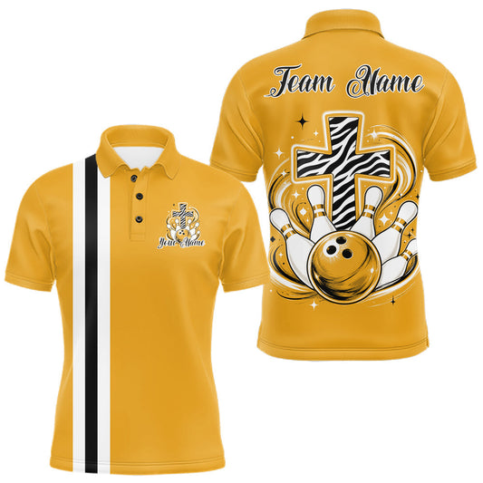 Maxcorners Yellow Custom Multi Color Zebra Animal Print Pattern Faith Cross Bowling League Shirt For Men, Women And Kid, Bowling Jerseys