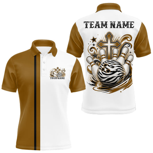 Maxcorners Brown Custom Multi Color Zebra Animal Print Pattern Faith Cross Bowling League Shirt For Men, Women And Kid, Bowling Jersey