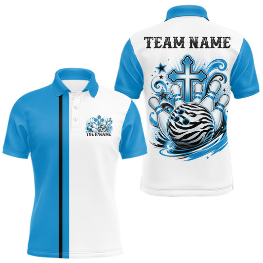 Maxcorners Blue Custom Multi Color Zebra Animal Print Pattern Faith Cross Bowling League Shirt For Men, Women And Kid, Bowling Jersey