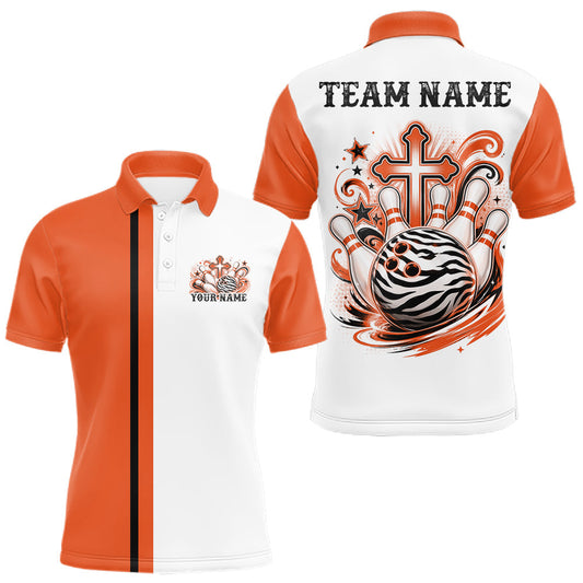 Maxcorners Orange Custom Multi Color Zebra Animal Print Pattern Faith Cross Bowling League Shirt For Men, Women And Kid, Bowling Jersey