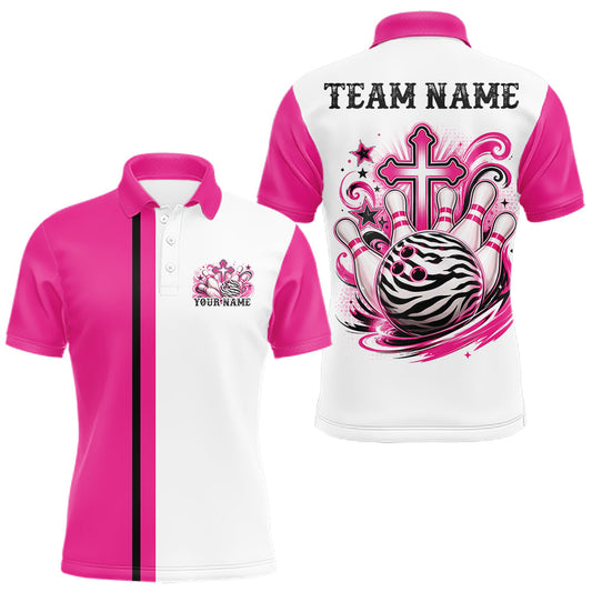 Maxcorners Pink Custom Multi Color Zebra Animal Print Pattern Faith Cross Bowling League Shirt For Men, Women And Kid, Bowling Jersey