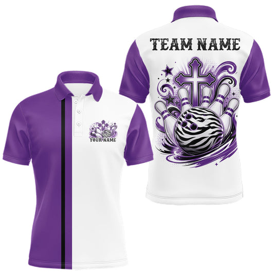 Maxcorners Purple Custom Multi Color Zebra Animal Print Pattern Faith Cross Bowling League Shirt For Men, Women And Kid, Bowling Jersey