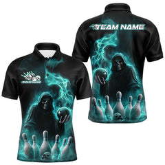 Maxcorners Custom Turquoise Blue Flame Grim Reaper Bowling Men Polo Shirts, Halloween Bowler Outfit TU1908