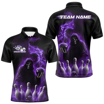 Maxcorners Custom Purple Flame Grim Reaper Bowling Men Polo Shirts, Halloween Bowler Outfit LM1203