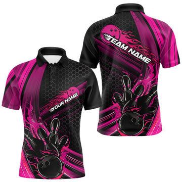 Maxcorners Custom Black And Pink Flame Bowling Jerseys, Bowling Team Polo Shirts For Men LM1903