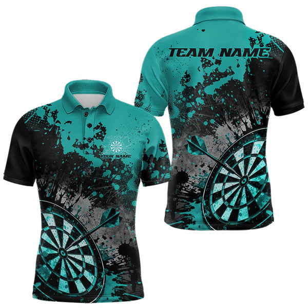 Maxcorners Custom Black And Blue-Green Splatter Dart Men Polo Shirt, Grunge Style Dart Team Jerseys LM1610