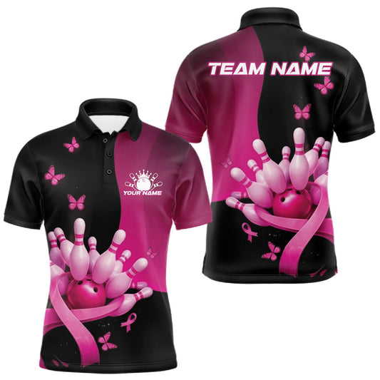 Maxcorners Custom Hope Pink Ribbon Butterfly Bowling Shirt For Men, Breast Cancer Bowling Shirts LM1904
