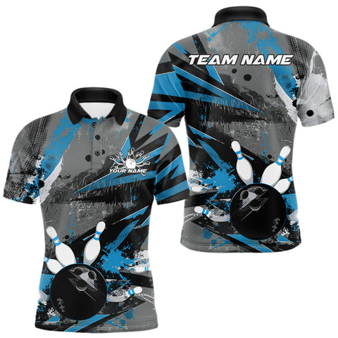 Maxcorners Custom Grunge Blue Bowling Polo Shirts For Men, Vintage Bowling Team Shirts TU2107