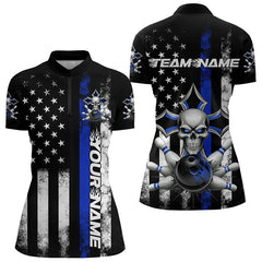 Maxcorners Blue Thin Line Us Flag Patriotic Bowling Custom Faith Skull Bowling Polo Shirts For Men