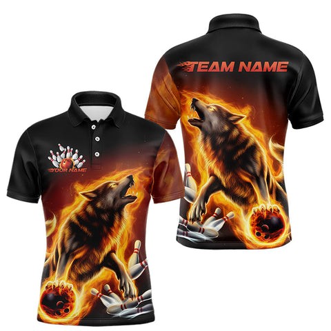 Maxcorners Custom Fire Flaming Wolf Bowling Polo Shirts For Men, Wolf Bowling Tournament Shirt