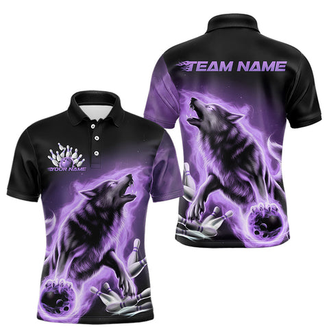 Maxcorners Custom Purple Fire Flaming Wolf Bowling Polo Shirts For Men, Wolf Bowling Tournament Shirt