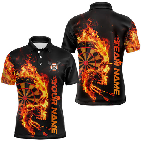 Maxcorners Custom Black And Orange Flame Skull Dart Men Polo Shirts, Halloween Dart Team Outfit TU3009