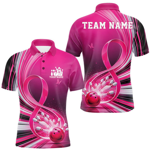 Maxcorners Custom Pink Ribbon Breast Cancer Awareness Bowling Polo Shirt For Men, Hope Bowling Shirt LM2704