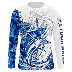 Maxcorners Custom Blue Camo Saltwater Sailfish Long Sleeve Fishing Shirts, Offshore Fishing Shirt LM0607
