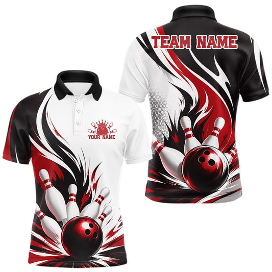 Maxcorners Custom Red Flame Bowling Ball Striking Pins Men Polo Team Shirt LM2806