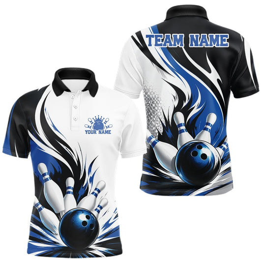Maxcorners Custom Blue Flame Bowling Ball Striking Pins Men Polo Team Shirt LM2806