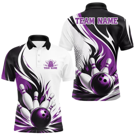 Maxcorners Custom Purple Flame Bowling Ball Striking Pins Men Polo Team Shirt LM2806