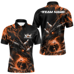 Maxcorners Custom Black And Orange Flame Dragon Bowling Men Polo Shirt, Dragon Bowling League Shirt LM2512