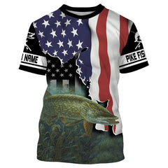 Maxcorners Northern Pike Fishing American Flag Customize Name 3D Shirts