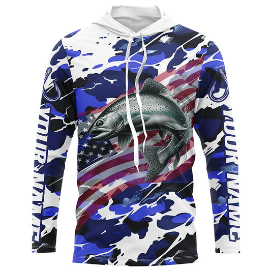 Maxcorners Chinook Salmon Fishing American Flag Camo Custom Long Sleeve Shirts, Salmon Saltwater Fishing Shirts LM0201