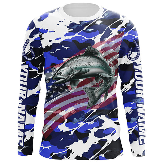 Maxcorners Chinook Salmon Fishing American Flag Camo Custom Long Sleeve Shirts, Salmon Saltwater Fishing Shirts LM0201