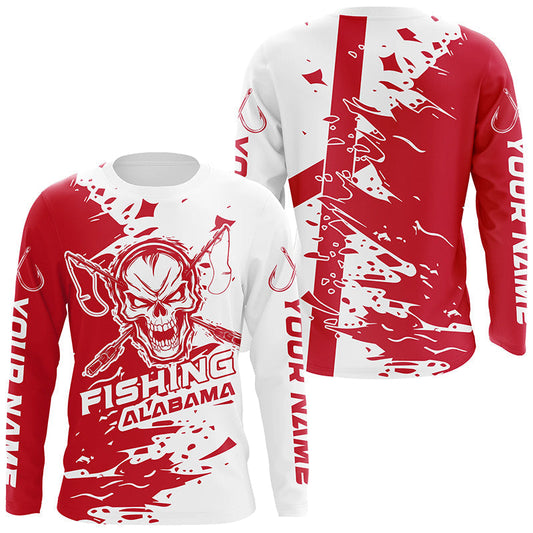 Maxcorners Alabama Fishing Custom Long Sleeve Fishing Shirts, Alabama Flag Skull Fishing Jerseys
 LM0201