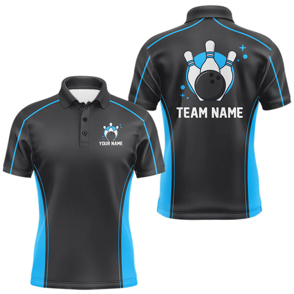 Maxcorners Custom Black And Ball Blue Classic Bowling Team Polo Shirt For Men, Bowling League Shirt MT2009