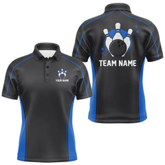 Maxcorners Custom Black And Mid Blue Classic Bowling Team Polo Shirt For Men, Bowling League Shirt MT2009