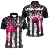 Maxcorners Pink Lightning US Flag Custom Bowling Team Jerseys, Patriotic Bowling Polo Shirt For Men MT2009