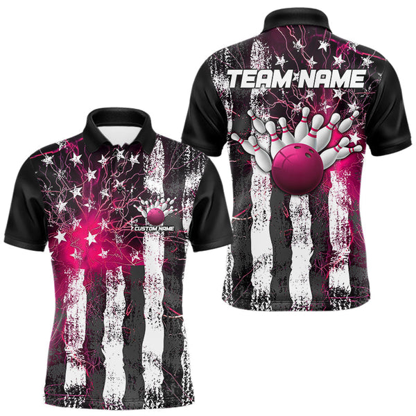 Maxcorners Pink Lightning US Flag Custom Bowling Team Jerseys, Patriotic Bowling Polo Shirt For Men MT2009